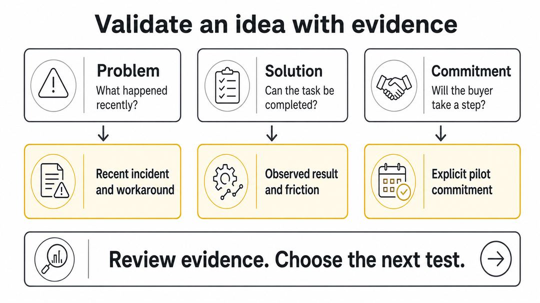 Three startup validation tests link problem, solution and commitment questions to evidence and the next test.