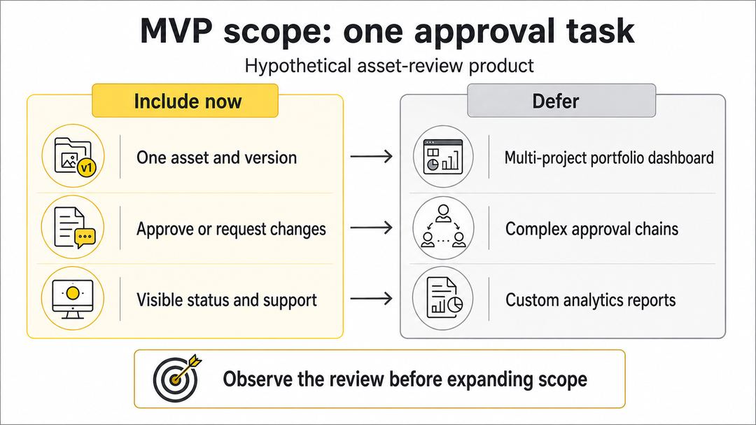 An asset-review MVP includes one version, one review action and visible status while broader features wait.