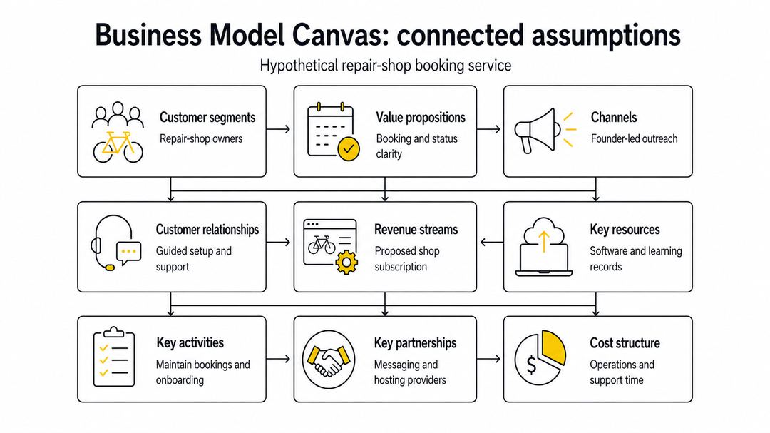 Nine business-model blocks illustrated with assumptions for a hypothetical bicycle repair-shop booking service.