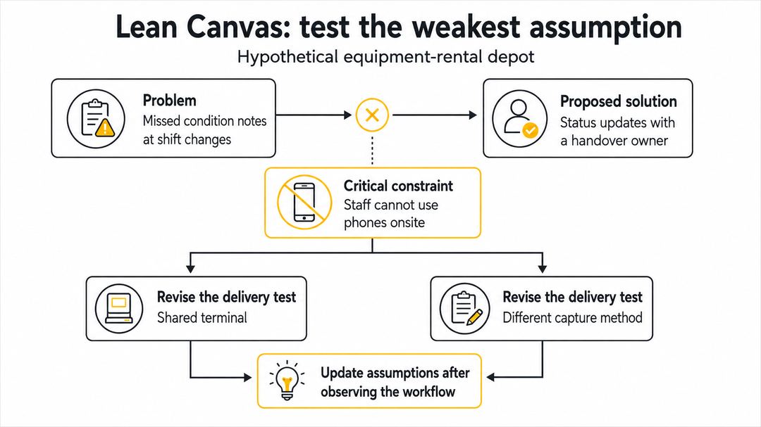 A hypothetical Lean Canvas delivery assumption changes when equipment-depot staff cannot use phones onsite.
