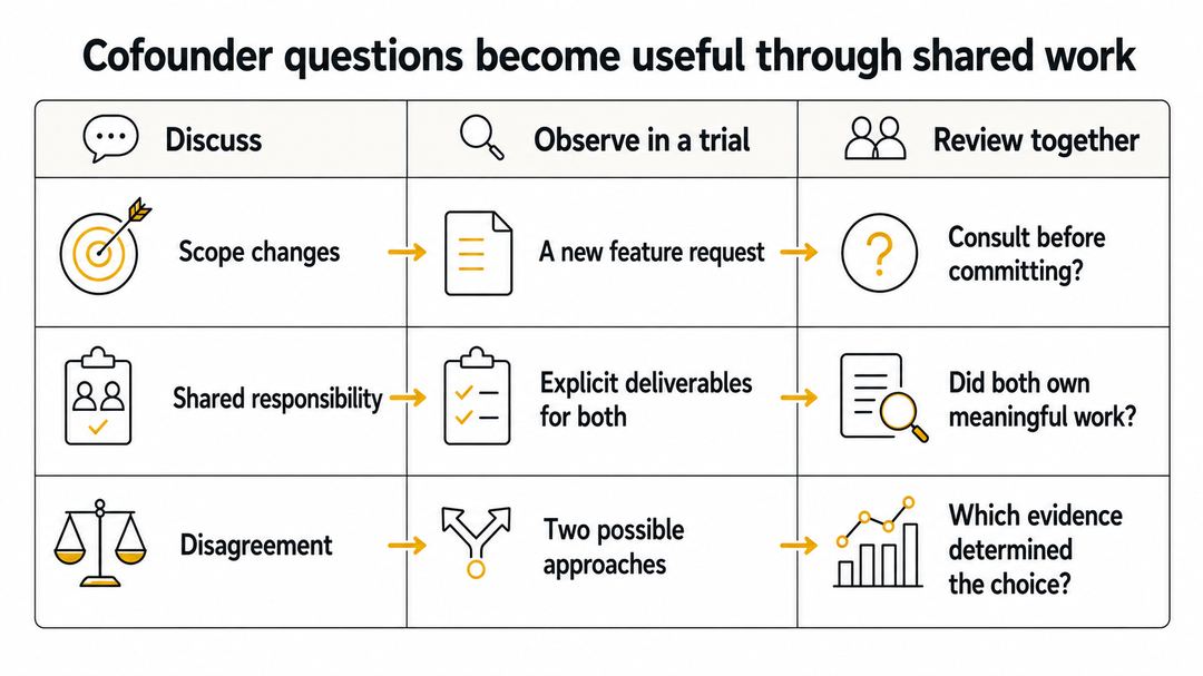 A cofounder discussion matrix connects scope, responsibility and disagreement to evidence from a working trial.