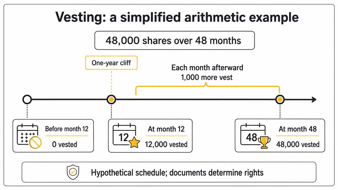 A hypothetical 48,000-share vesting schedule has a 12,000-share one-year cliff and 1,000 shares monthly afterward.
