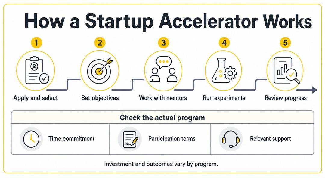 Infographic showing five accelerator stages and the time, terms and support founders should check.