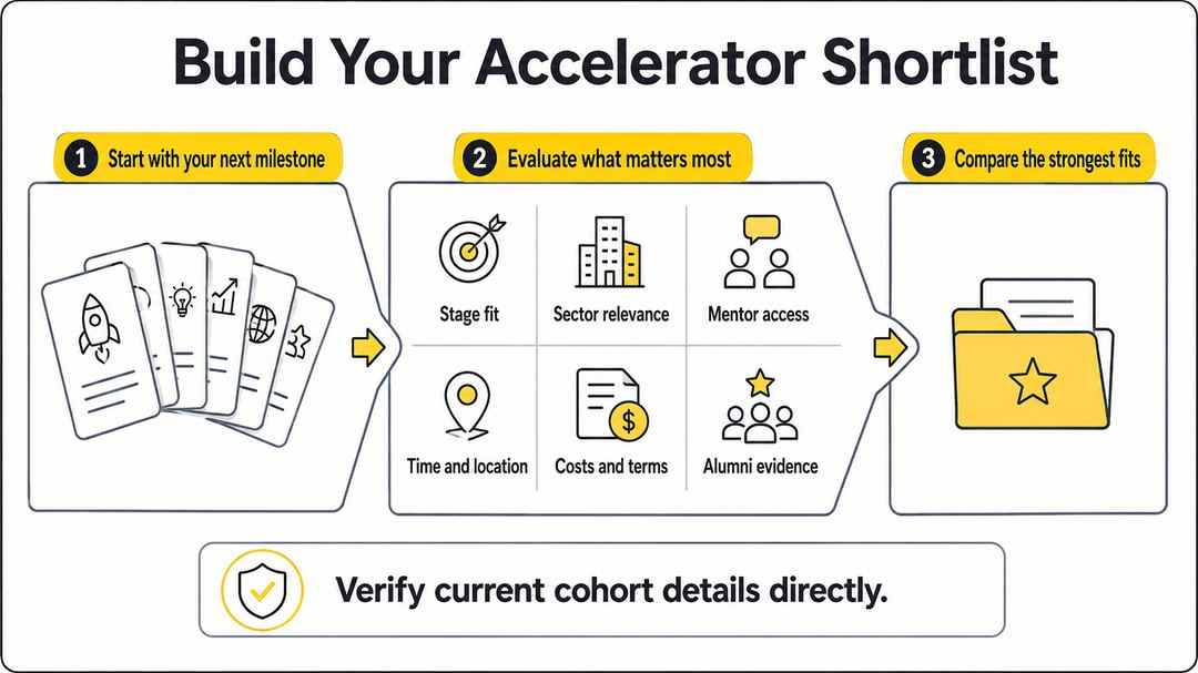 Infographic filtering accelerator options through six fit criteria before checking current cohort details.