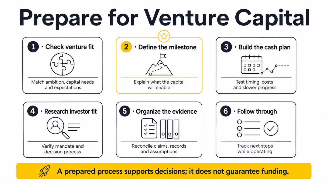 Six preparation steps for venture fundraising: fit, milestone, cash plan, investor research, evidence and follow-through.