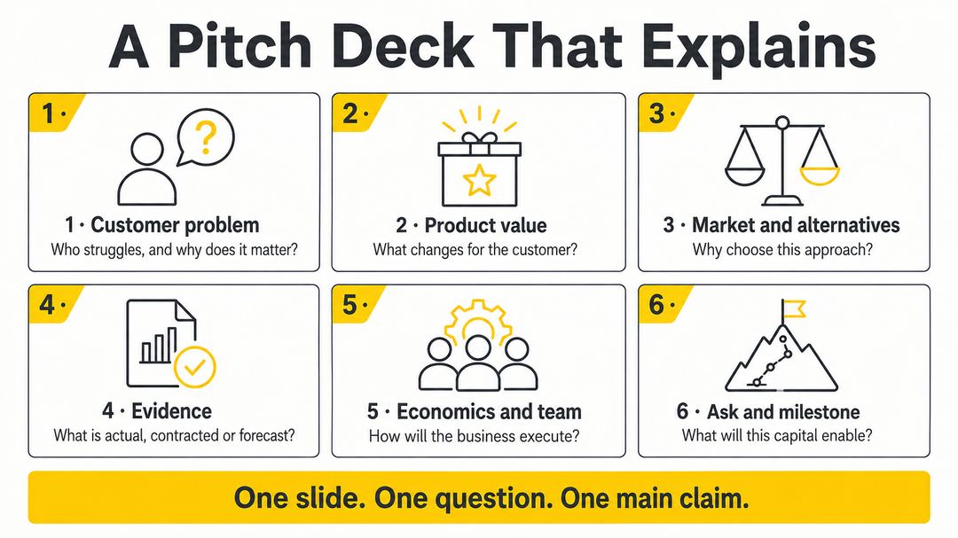 Six pitch-deck slide questions: customer problem, product value, market and alternatives, evidence, economics and team, and funding ask.