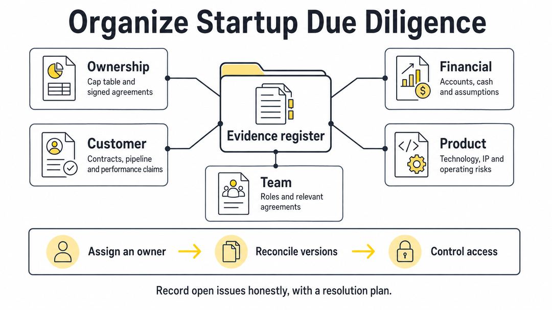 A due-diligence evidence hub connects ownership, financial, customer, product and team records to a documented review workflow.