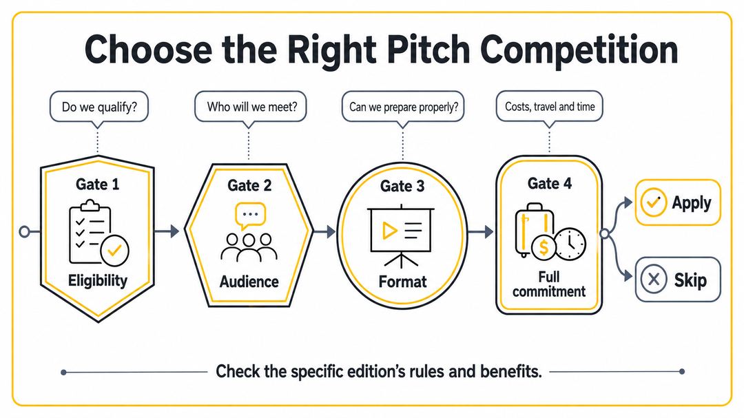Decision infographic screening pitch competitions by eligibility, audience, format and full commitment.
