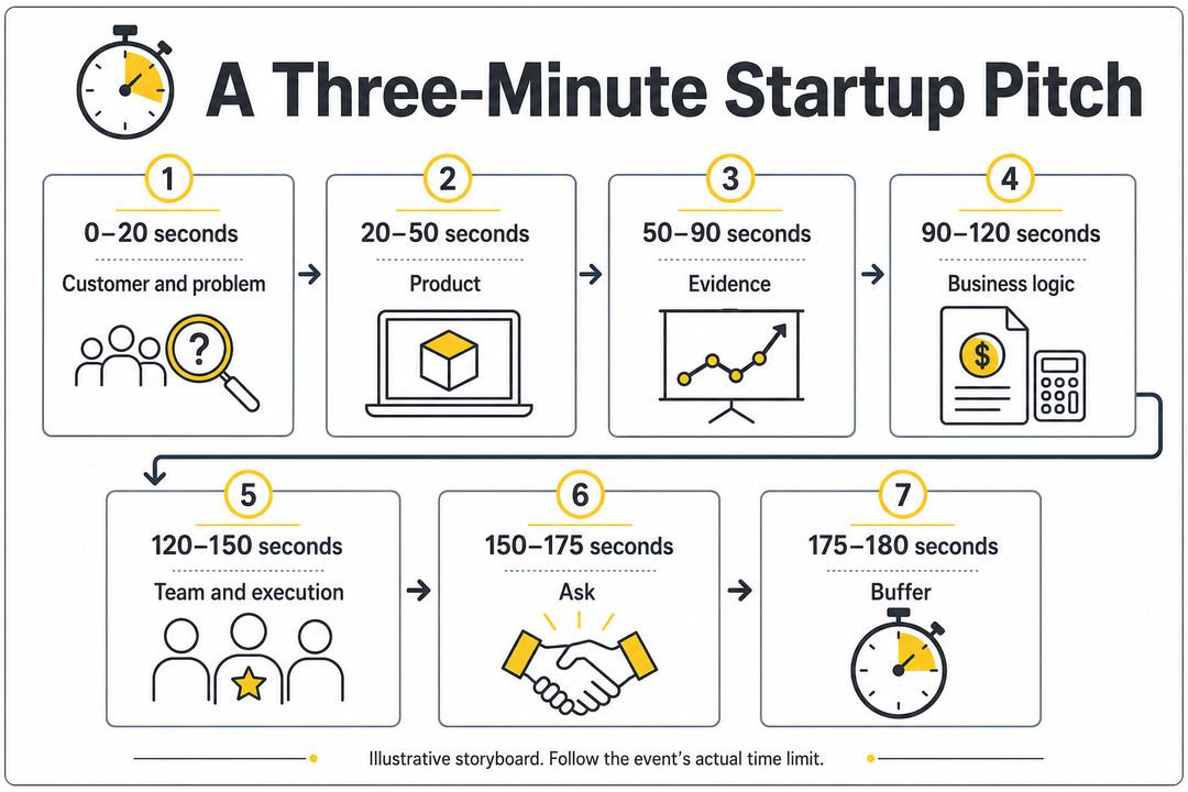 Seven-part three-minute pitch storyboard with exact time ranges for problem, product, evidence, business, team, ask and buffer.
