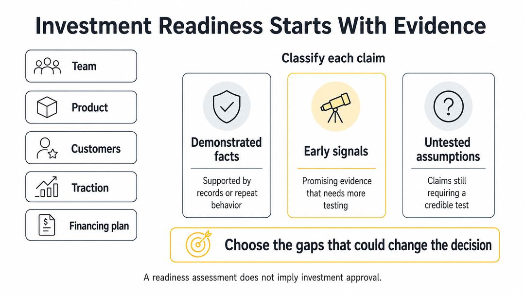 Five readiness areas feed an evidence classification of demonstrated facts, early signals and untested assumptions before choosing priority gaps.