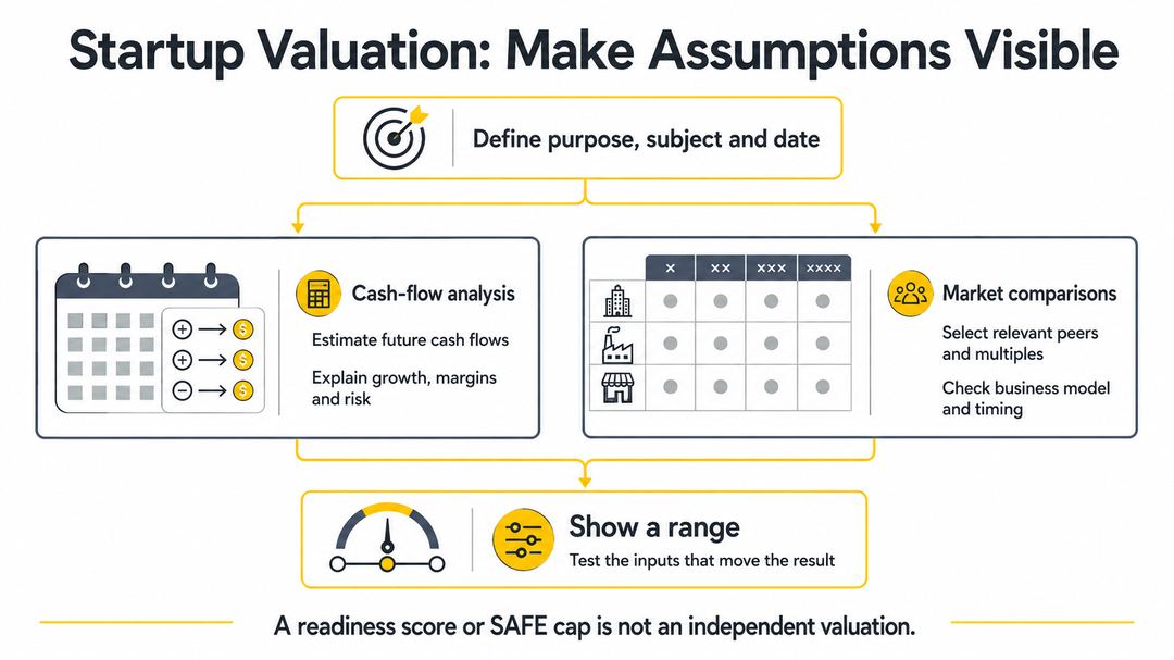 A valuation framework compares cash-flow analysis with market comparisons, then uses ranges and sensitivity checks after defining purpose and date.