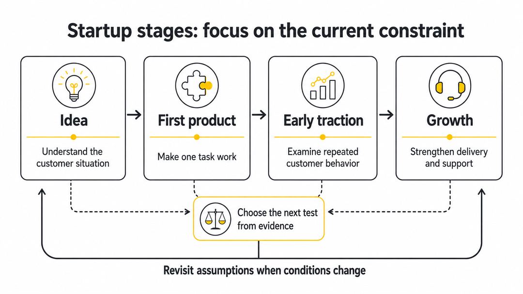 Four startup stages focus on customer understanding, a working task, repeat behavior and dependable delivery.