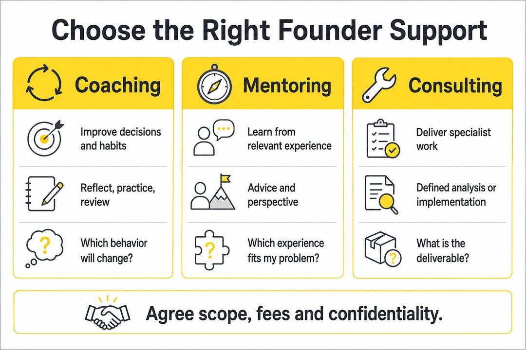 Comparison infographic explaining coaching, mentoring and consulting by need, working method and scope question.